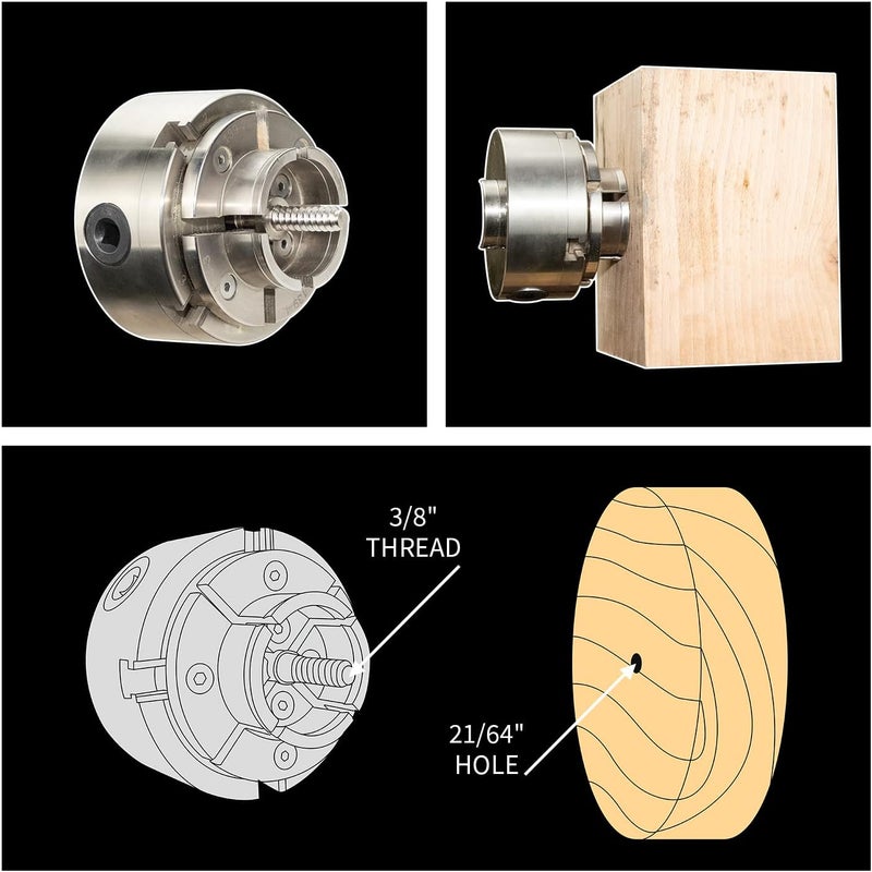 DEEFIINE 4 Inch Wood Lathe Chuck Set 1" x 8 tpi thread & 3/4"x16TPI Adapter, Nickel Plated Self Centering 4 Jaw Wood Turning Chuck set (2PCS jaws) - Image 5